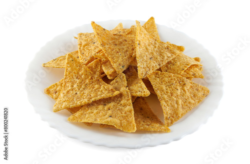 Ceramic bowl of Mexican nachos chips isolated on white background
