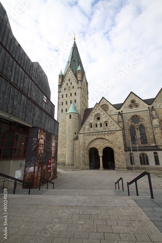 View of the tower of the cathedral in Paderborn, North Rhine-Westphalia, Germany,