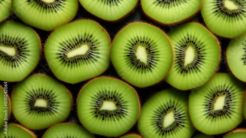 Many slices of kiwi fruit. Food photography kiwi kiwifruit slices texture background banner panorama long, top view, flat lay, seamless pattern.