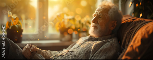 An elderly man sits in a chair in front of a window. He is looking out the window and thinking about his life.