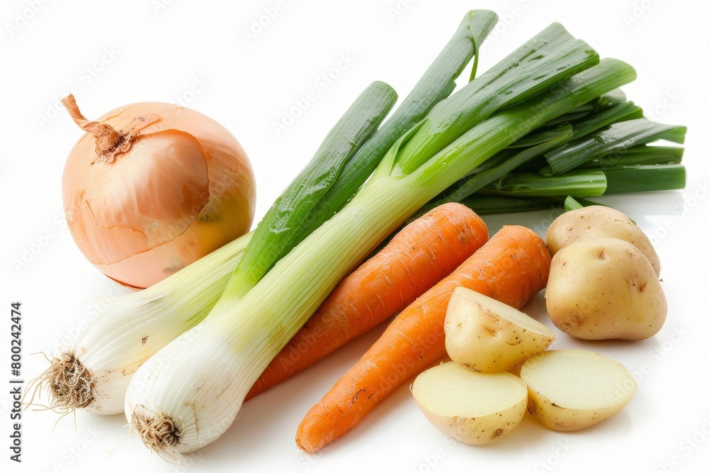 Ingredients for vegetable soup leek carrot potato onion on white background Package design element