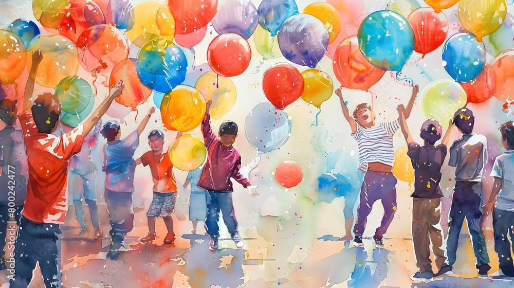 Obraz premium High Energy Watercolor Balloon Fight Scene Filled with Rainbow Sherbet Hues and Jubilant