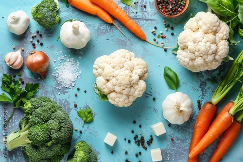 Ingredients for soup raw veggies bouillon cubes young carrot broccoli cauliflower onion garlic salt pepper on turquoise background Dinner prep idea