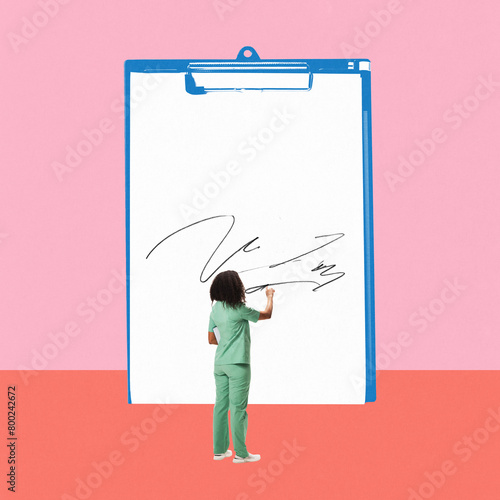 Contemporary art collage. Medical specialist stands in front of huge folder and noting anamnesis of patient. Medicine. Medical treatment. Concept of virus, health care, lifestyle.