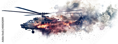Combat helicopter explosion in the air from a missile hit isolated on the transparent background