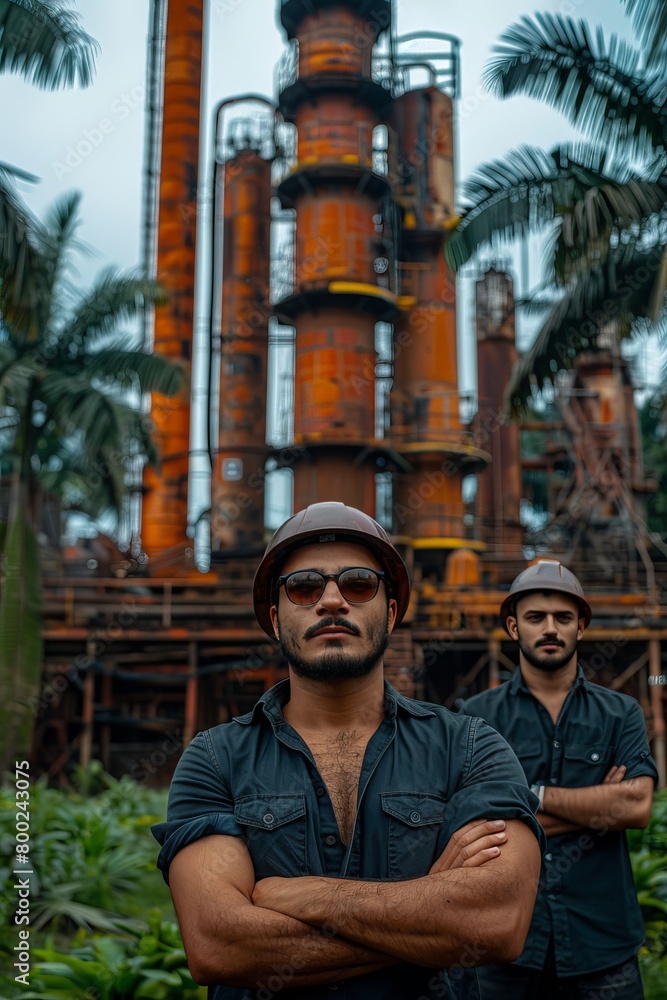 Latinx engineer team in hard hats, young professionals working together on a project