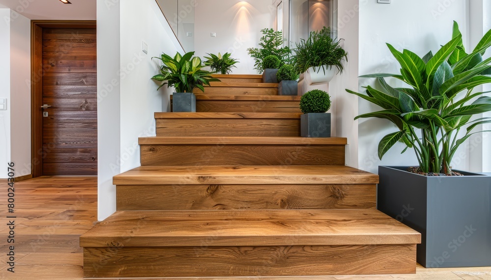 Contemporary ash wood staircase in a modern house with elegant white interior design