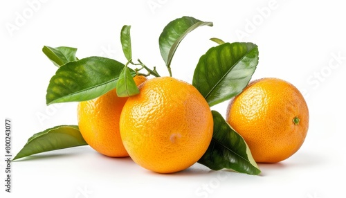 Isolated fresh oranges with branch and leaves on white background Clipping path