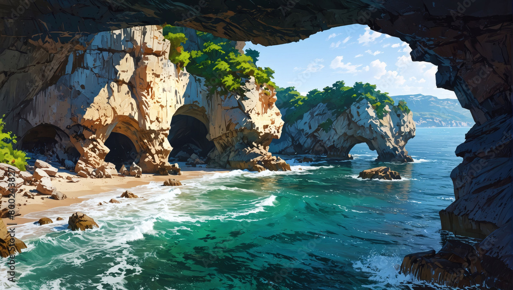 Wild coastline with sea caves and hidden coves.