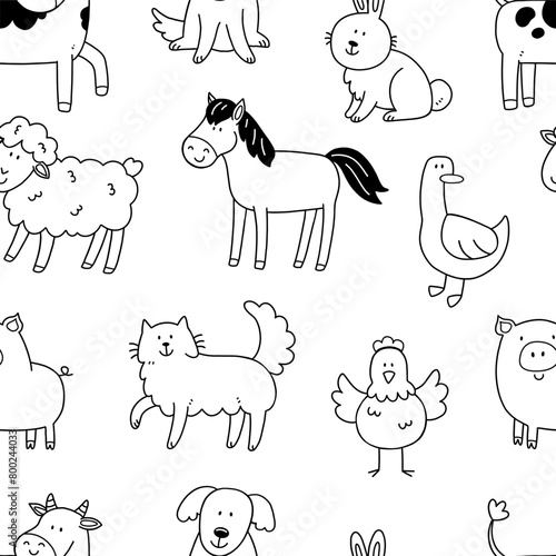 Seamless black and white pattern with cute farm animals in doodle style. Illustration of a background with animals