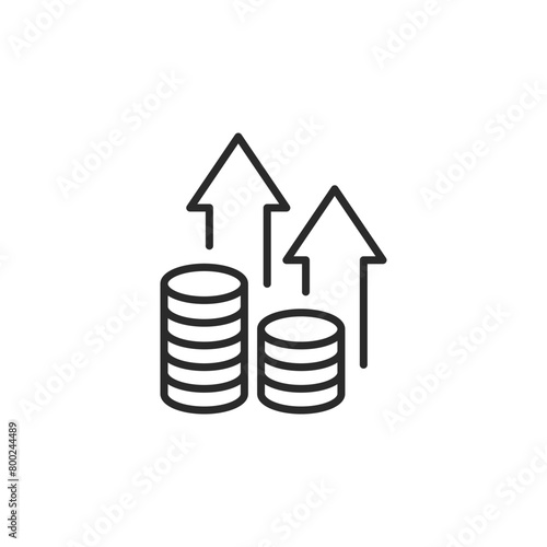 Financial Growth icon. Simple depiction of increasing coin stacks with upward arrows, symbolizing wealth accumulation and economic progress. Ideal for financial services. Vector illustration