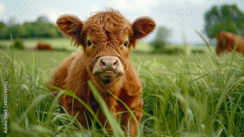 A cute baby Highland cow, sitting in the lush green grass field