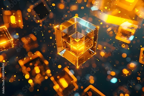Decentralized blockchain currency depicted by floating cubes in digital space. Concept Digital Art, Cryptocurrency, Futuristic Technology, Blockchain, Virtual Reality