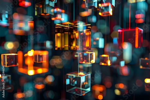 Glowing futuristic digital cubes on black background for modern design. Concept Digital Art, Futuristic Design, Glowing Cubes, Modern Aesthetics, Black Background © Anastasiia