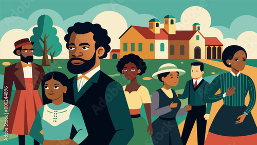 A virtual tour of a bustling black community during the Reconstruction era showcasing the resilience and determination of freed slaves.. Vector illustration
