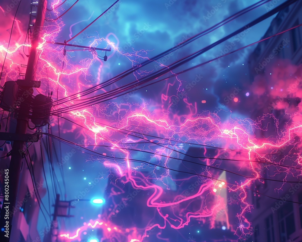 Tangled electrical wires overhead with pulsating energy flows, neon city background
