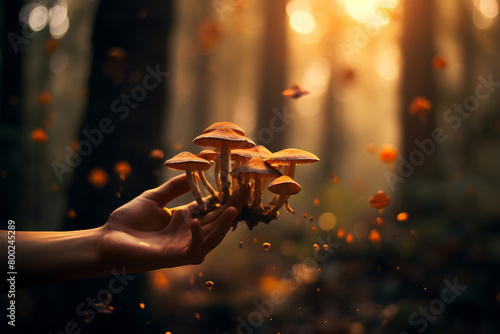 Hand holding cluster of mushrooms in forest