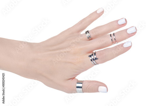 Beautiful female hand with rings on white background isolation