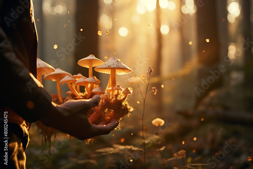 Person holding bunch of mushrooms in forest