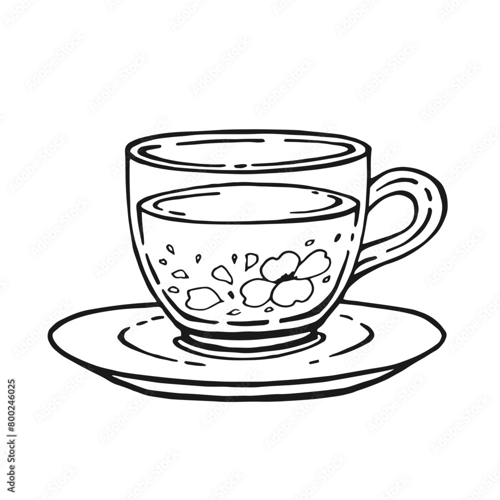 Cup of tea with healthy tea, jasmine. Hand drawn vector illustration in outline style.
