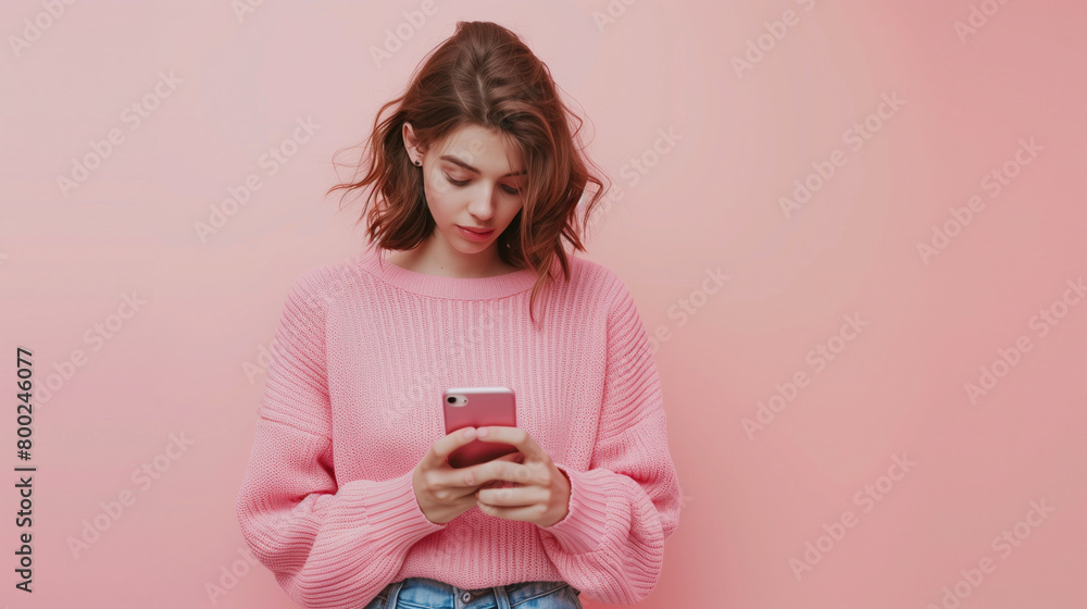 A young woman using her smartphone against a pastel background. A young woman using her smartphone against a pastel background.