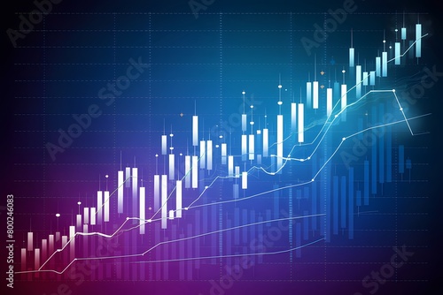 Stock chart with bars and trend lines on deep blue purple gradient background, visually appealing data analysis