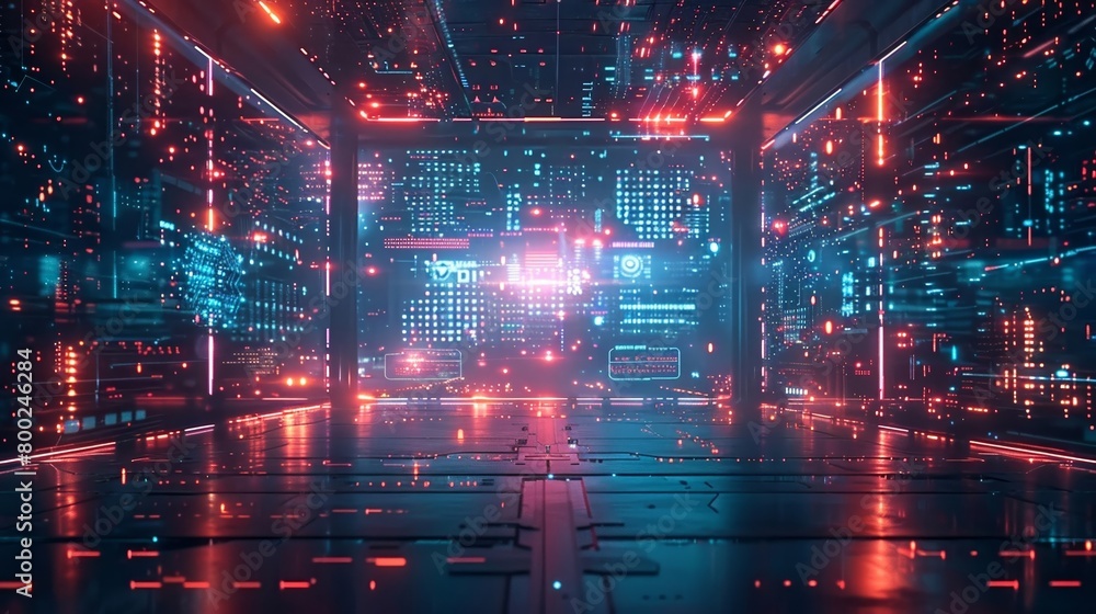 Modern office with dynamic visual effects emanating from a luminous display, digital illustration in a unique artistic medium Modern office with dynamic visual effects emanating from a luminous display, digital illustration in a unique artistic medium