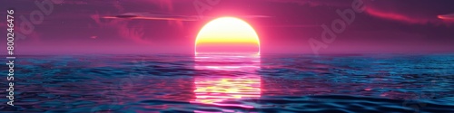 A retro sun rising over an ocean in the style of digital grid