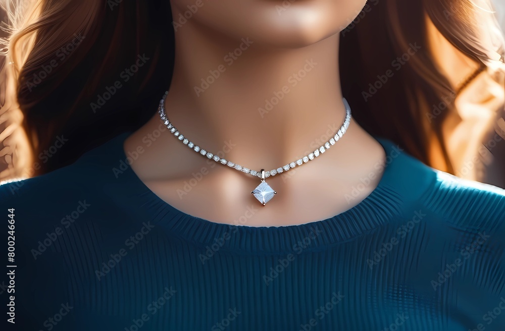 Brilliant diamond pendant around the neck of a young woman, photo without face