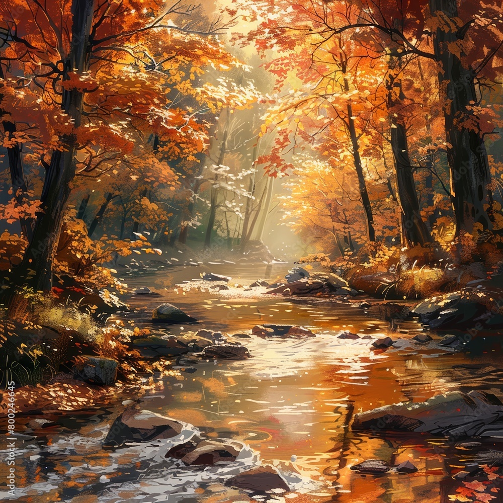 Stream in fall woods, natural scenery, artistic depiction.