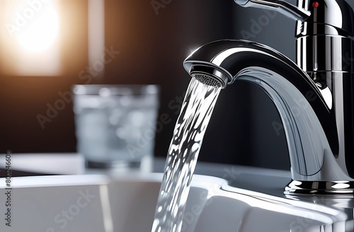 Overuse of water in household chores, such as leaving the chrome faucet on, leads to waste and misuse of water photo