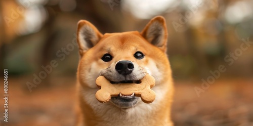 A Shiba Inu dog with its mouth open, holding one bone shaped cookie e in its teeth, looking at the camera on blurred background of a nature park