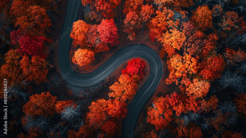 overhead perspective of fall woodland featuring winding path overhead perspective of fall woodland featuring winding path