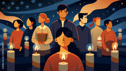 The glow of candles illuminating the faces of solemn onlookers pays tribute to the fallen heroes of Independence Day. Their sacrifice is honored in. Vector illustration