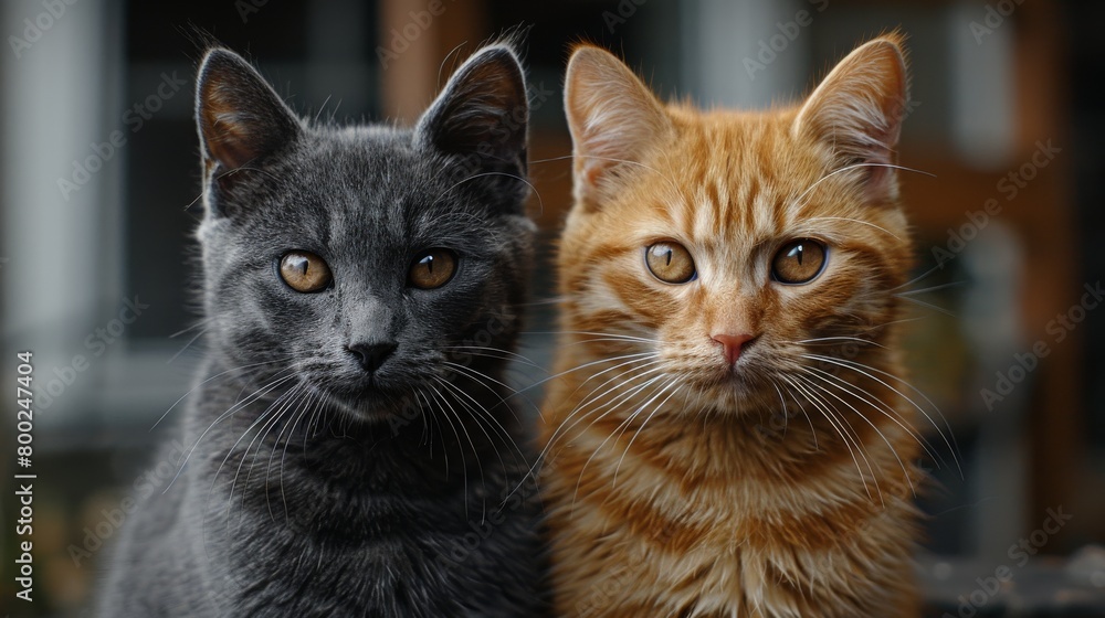 An image of two domestic cats, a red and a gray cat. The red domestic cat is looking directly at the camera.