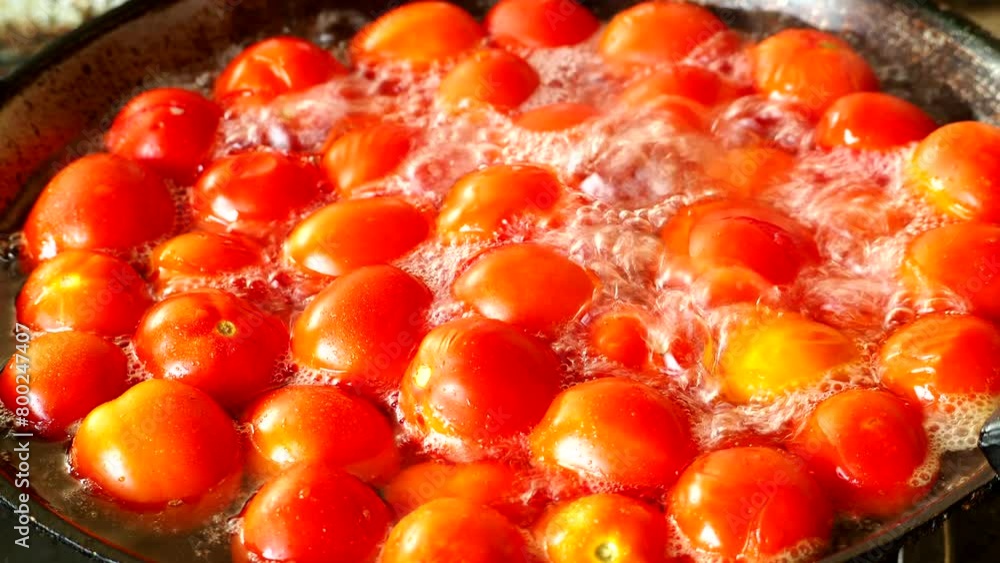 Boiling tomatoes in pot, in door Chiangmai Thailand.