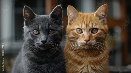 An image of two domestic cats, a red and a gray cat. The red domestic cat is looking directly at the camera.