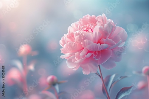 Blurred image of a pink peony with a gentle, pastel color palette