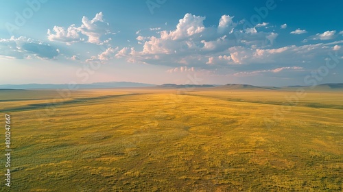 Experience the breathtaking panorama of the Mongolian grasslands from a unique aerial perspective.