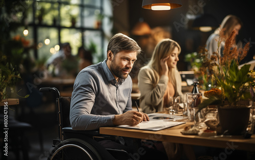 Man in wheelchair dining at restaurant table. Generative AI