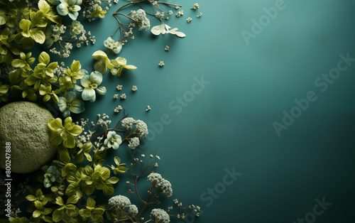 Green background with flowers and rocks. Generative AI
