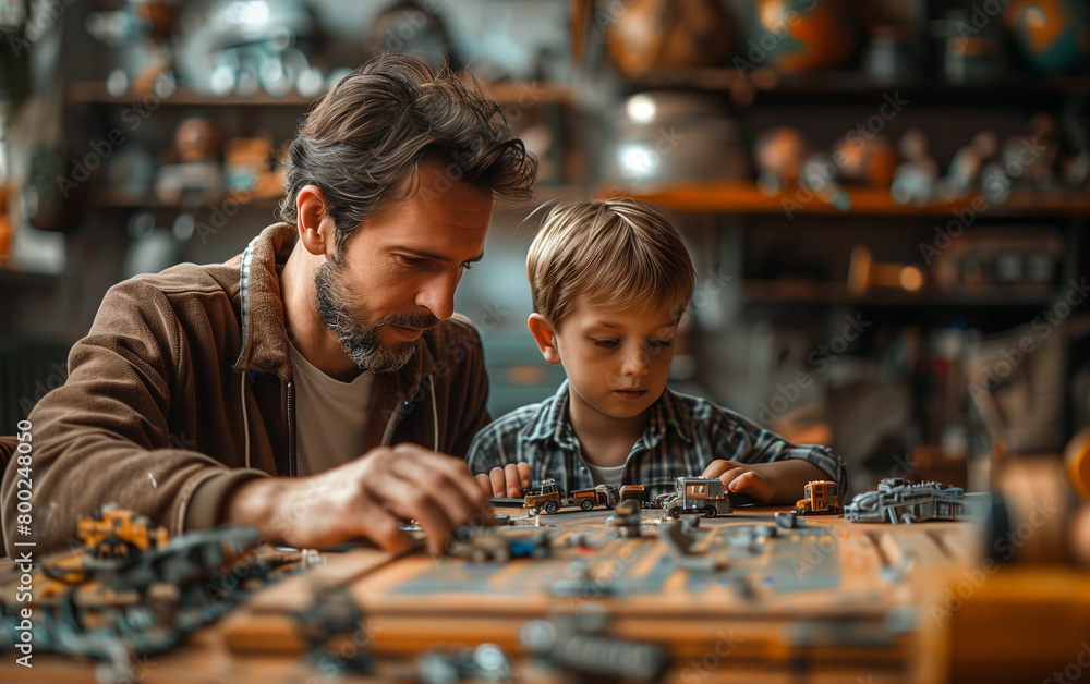 Father and son playing board game. Generative AI