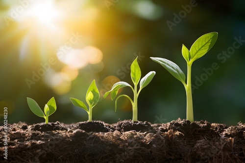 Four plants sprout in various growth stages from soil, set against blurry golden lit natural background