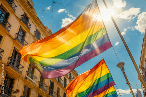 A colorful display of rainbow flags hangs from the balconies of a building. The flags are of various sizes and colors, creating a vibrant and cheerful atmosphere. Concept of celebration and joy