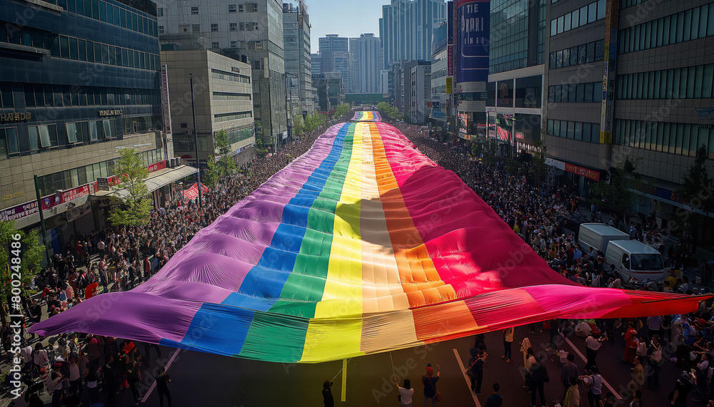 A rainbow flag is being carried by a crowd of people in a city. The flag is large and colorful, and the people are walking down the street. Scene is celebratory and joyful. A rainbow flag is being carried by a crowd of people in a city. The flag is large and colorful, and the people are walking down the street. Scene is celebratory and joyful.