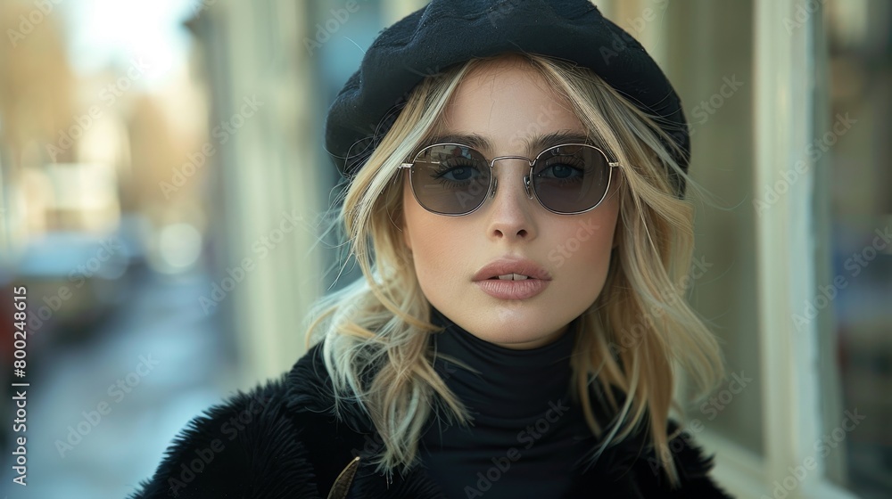 Woman in a black beret wearing black sunglasses, portrait photo of a blonde wearing a beret and glasses.