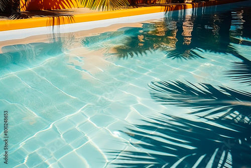 The shadow of a palm tree falls on the blue torn water in the pool, top view