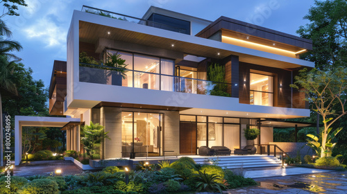 Modern house with white walls and dark brown accents, sleek design, large windows, greenery around, illuminated by warm lights at night, front view.