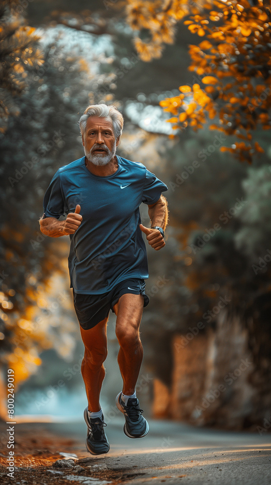 Man running down road with trees in background. Generative AI Man running down road with trees in background. Generative AI