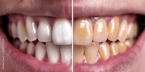 split view of teeth. One side is healthy white and clean, and the other is yellow, stained and decayed 